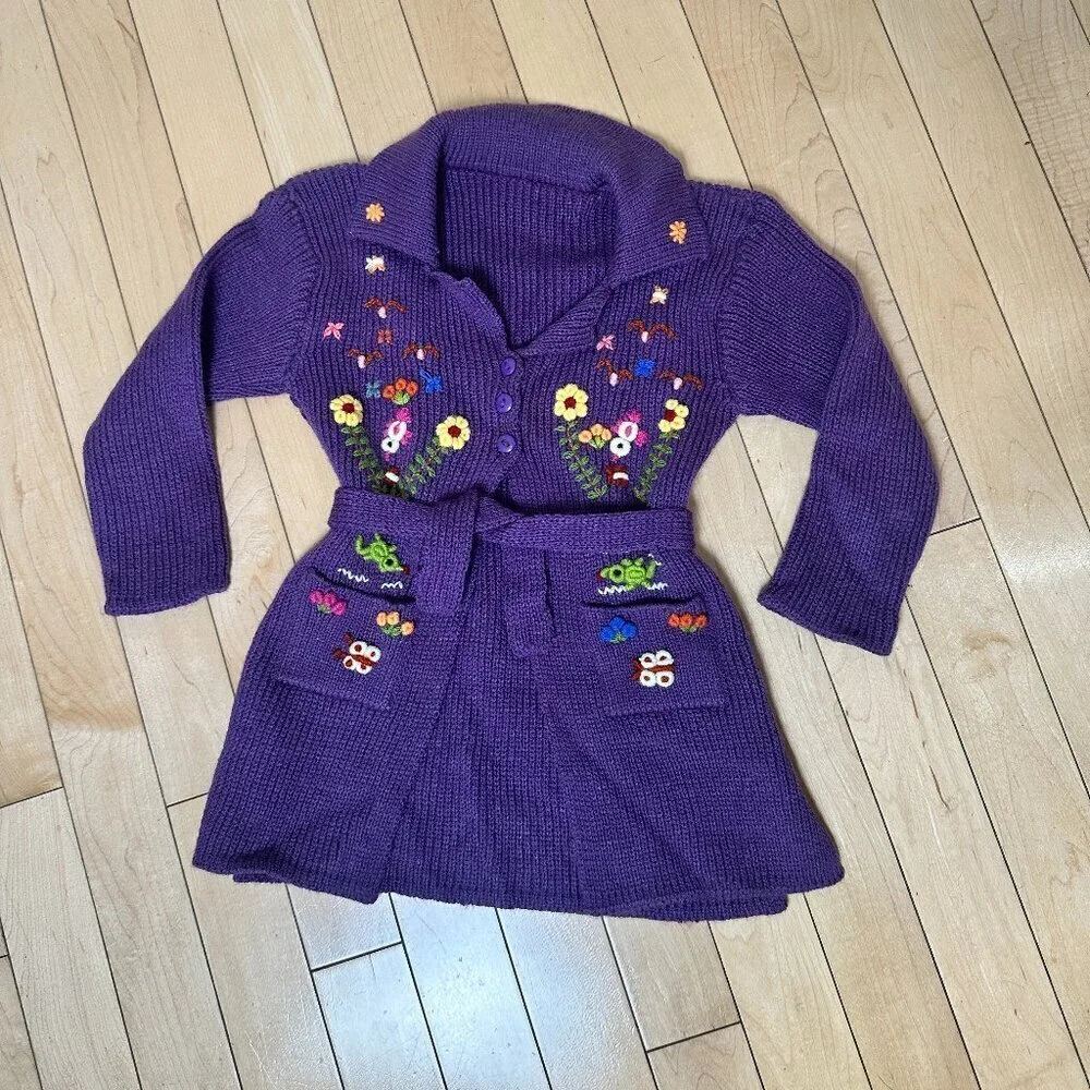 Vintage Baby Toddler Sweater Coat with Embroidered Flowers Size 2T